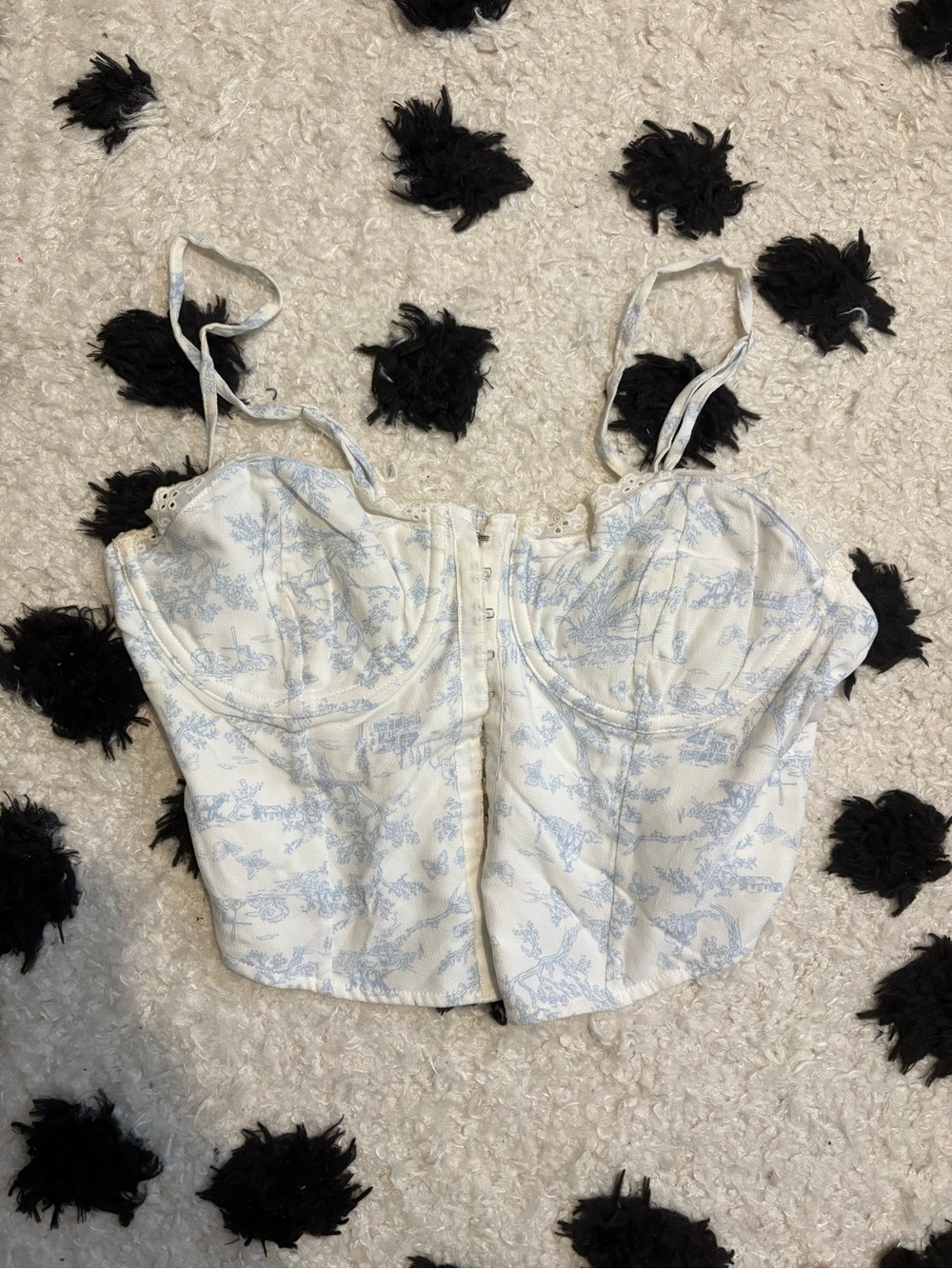 Women's White and Light Blue Toile Corset Top